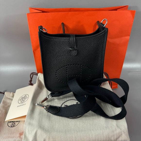 Hermes Handbags - NWT Authentic Hermes Mini Black Leather Evelyn Crossbody Bag